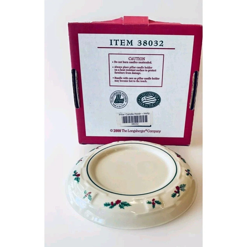Longaberger Christmas Pillar Candle Holder Traditional Holly Berry